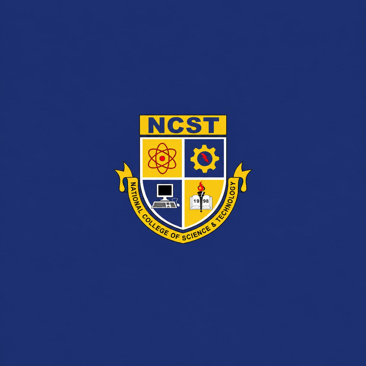The shield of the National College of Science and Technology on a navy field