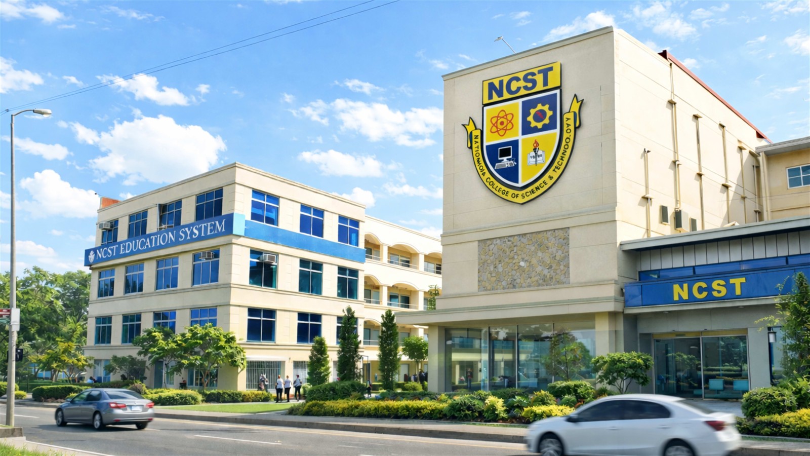 The NCST Education System campus building on Emilio Aguinaldo Highway in Dasmariñas City, with the institutional shield mounted on the facade